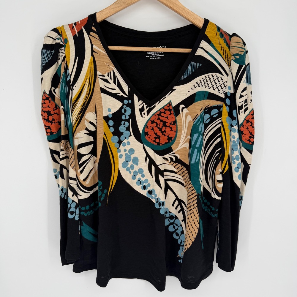 Chico's Top V-Neck Abstract Botanical Puff Shoulder Long Sleeve Top Black Large